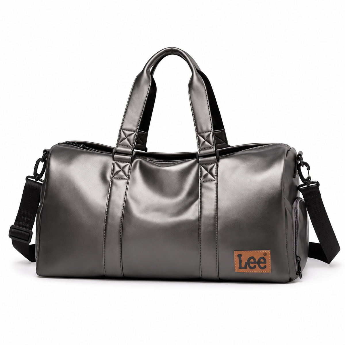 Classic Grey Leather Travel Duffel Bag-4