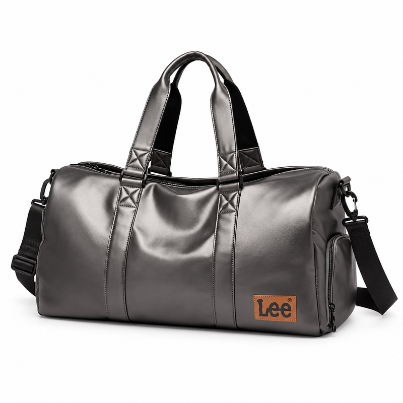 Classic Grey Leather Travel Duffel Bag-3