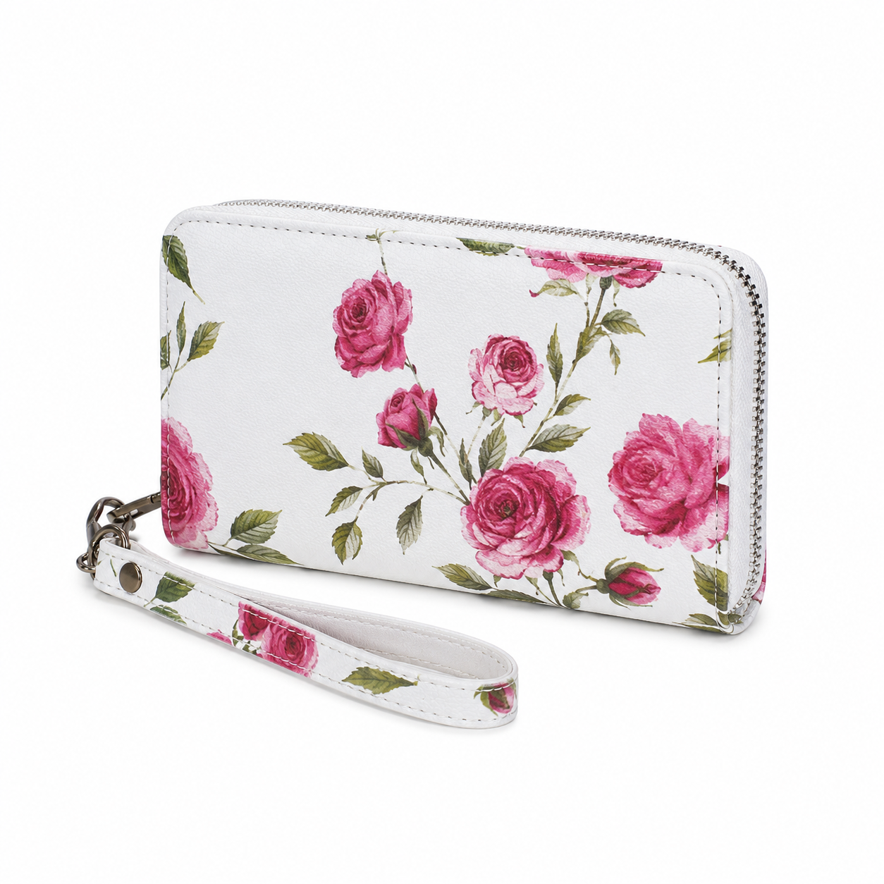 Pink Rose Floral Zip-Around Wristlet Wallet-2