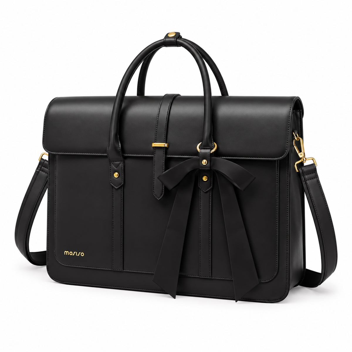 Black Leather Laptop Bag With Bow-3