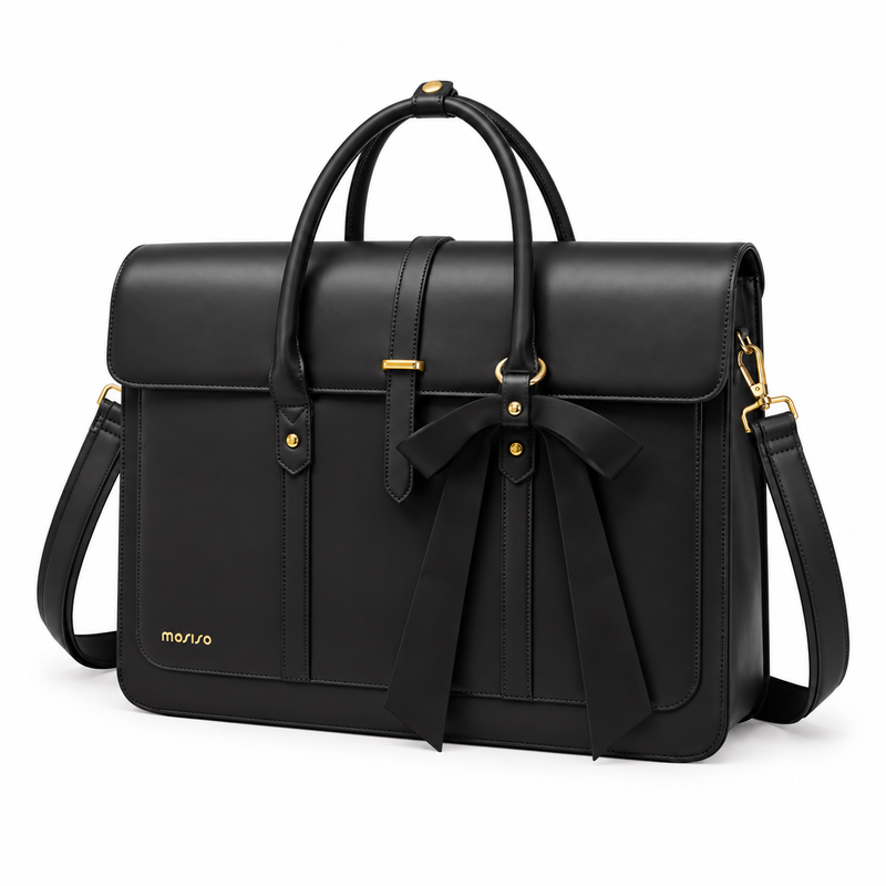 Black Leather Laptop Bag With Bow-3