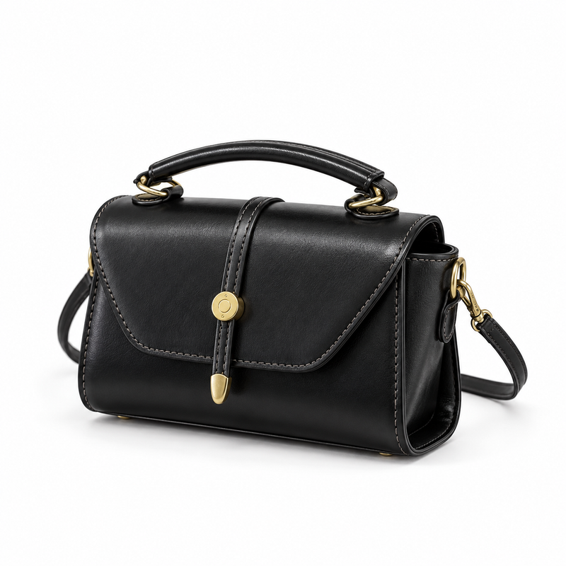 Classic Black Satchel With Gold Details-2