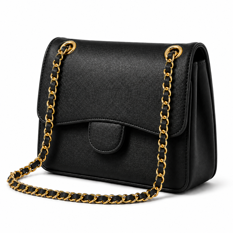 Black Textured Chain Strap Shoulder Bag with Gold Hardware-3