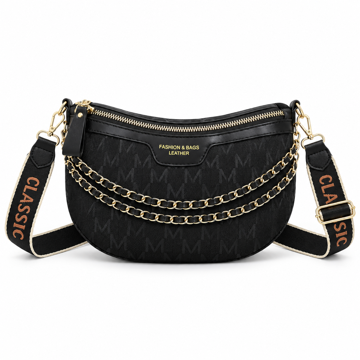 Black Monogram Crossbody Bag With Chains-2