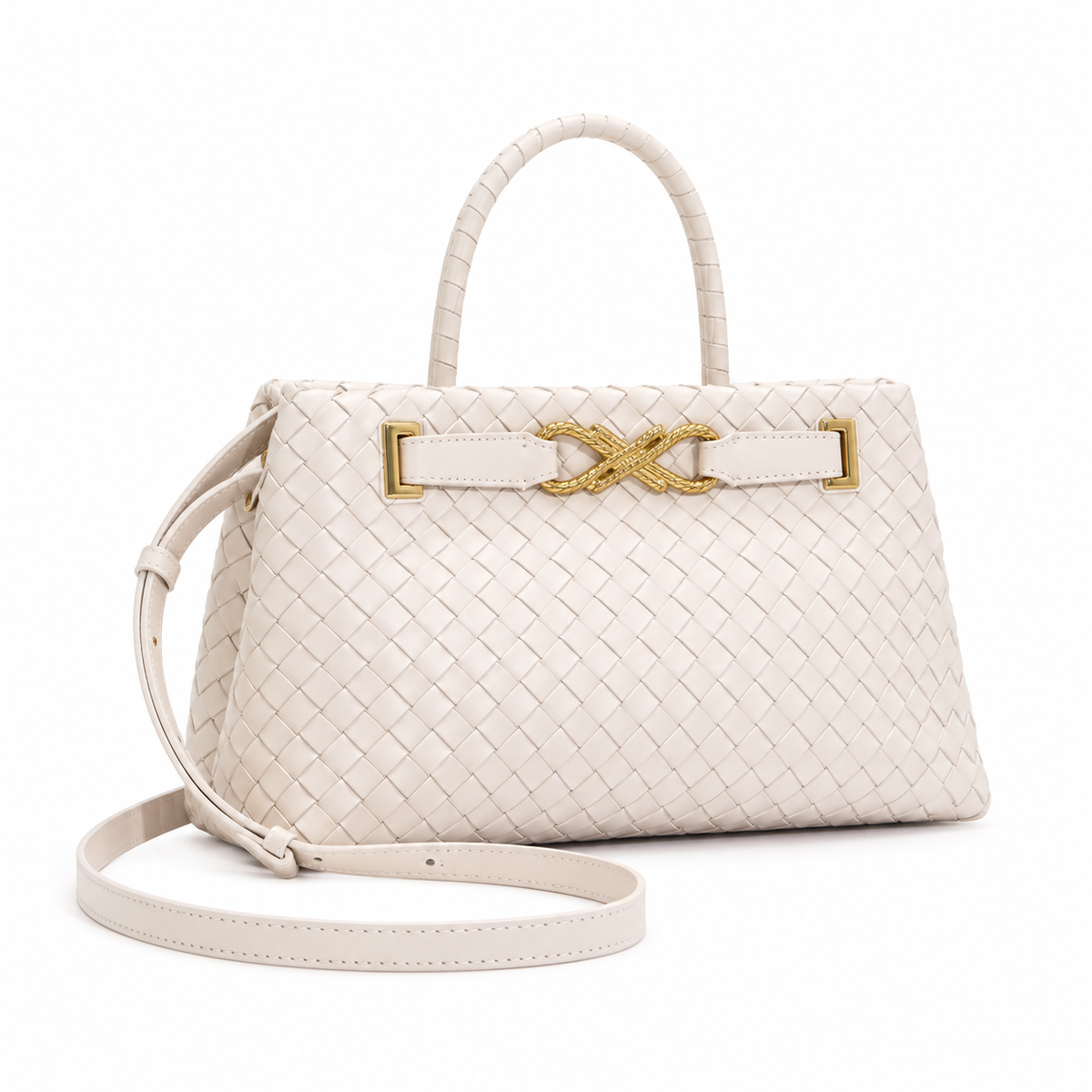 Elegant Ivory Woven Handbag Gold Accents-1