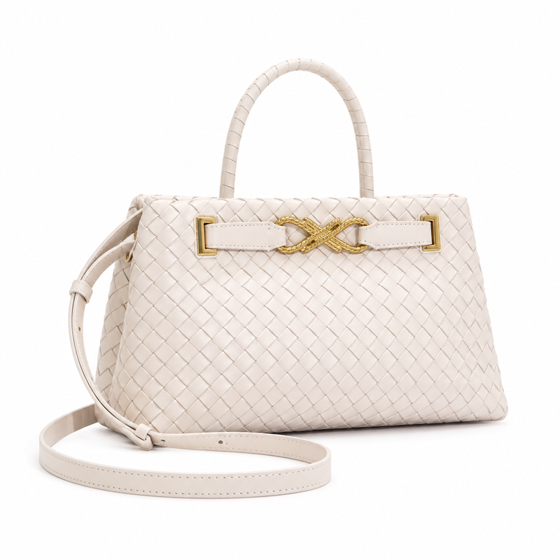 Elegant Ivory Woven Handbag Gold Accents-1