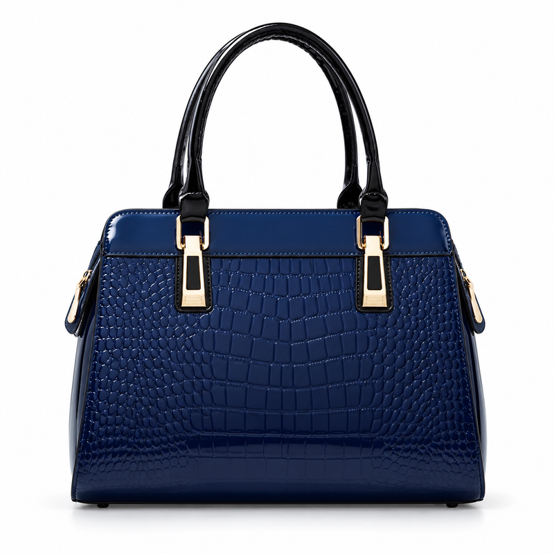 Navy Crocodile Embossed Gold Accent Handbag-3