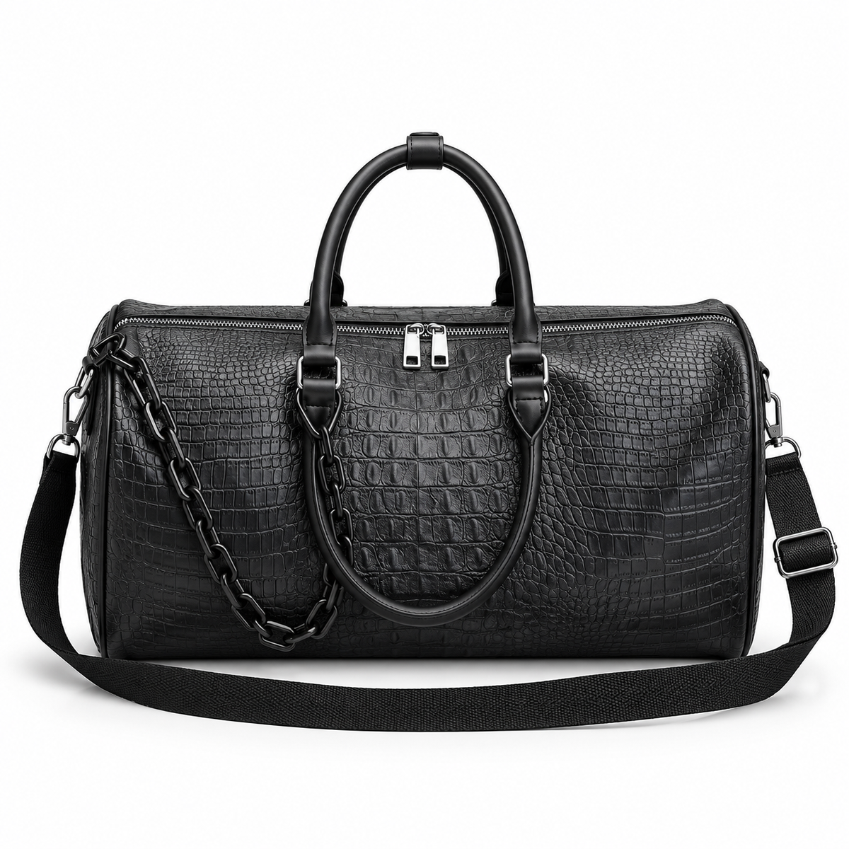 Black Crocodile Embossed Leather Duffel Bag-4