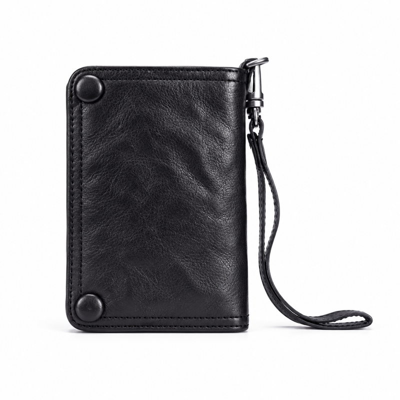 Classic Black Leather Wallet With Wristlet-3