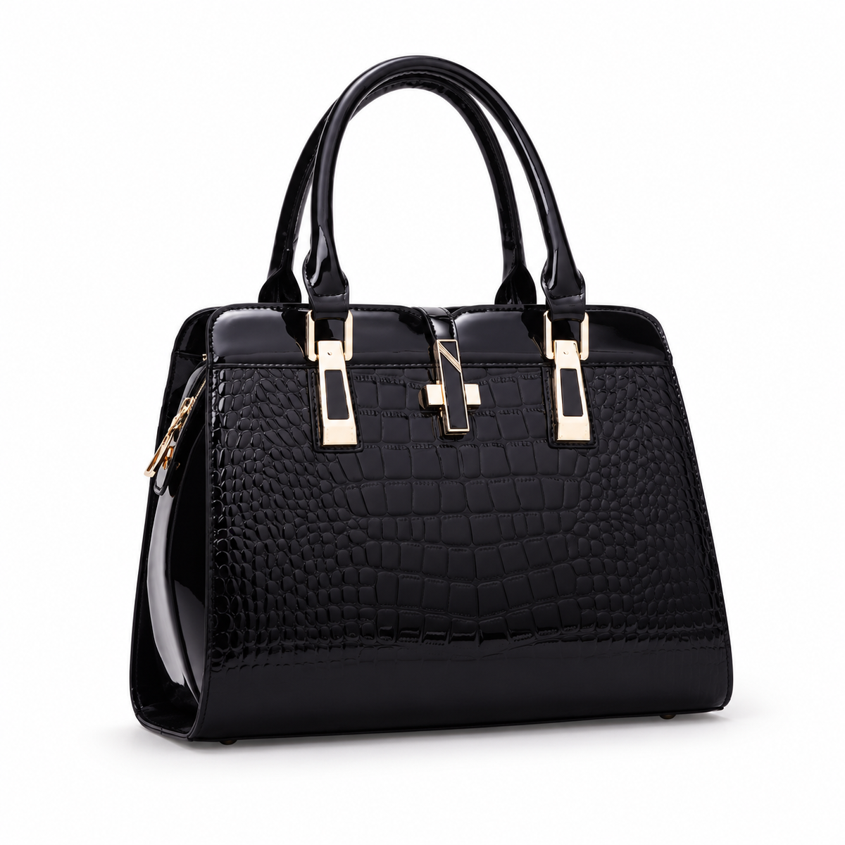 Elegant Black Crocodile Embossed Structured Handbag-1