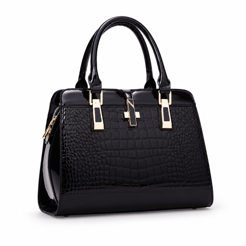 Elegant Black Crocodile Embossed Structured Handbag-1