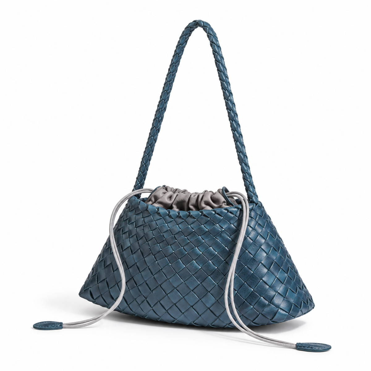 Teal Woven Drawstring Braided Shoulder Bag-3