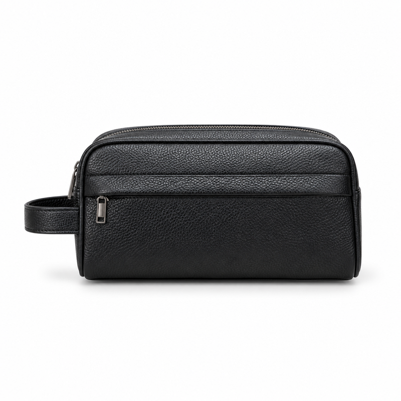 Black Pebbled Leather Toiletry Bag with Wrist Handle-4