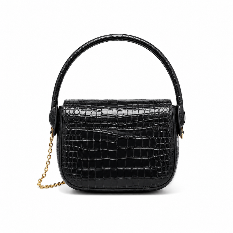 Black Crocodile-Embossed Top Handle Handbag-4