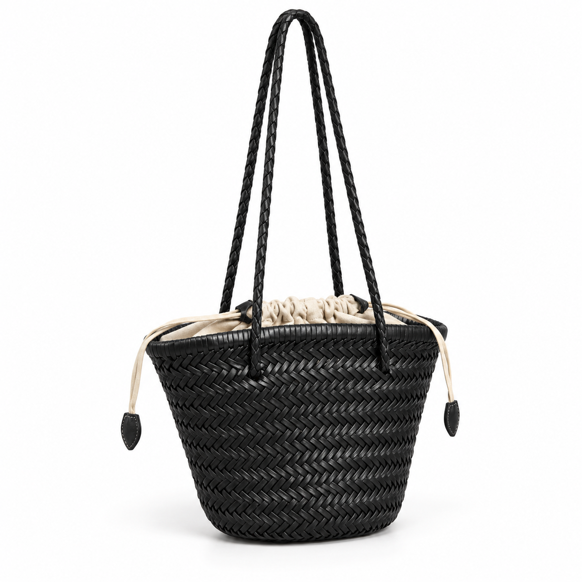Black Woven Basket Drawstring Shoulder Bag-1