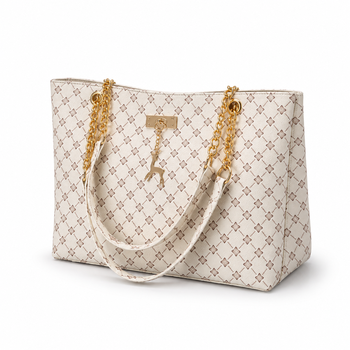 Elegant Ivory Monogram Gold Shoulder Tote
