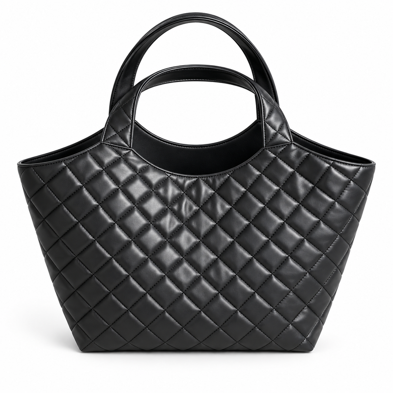 Black Quilted Vegan Leather Tote Bag-4