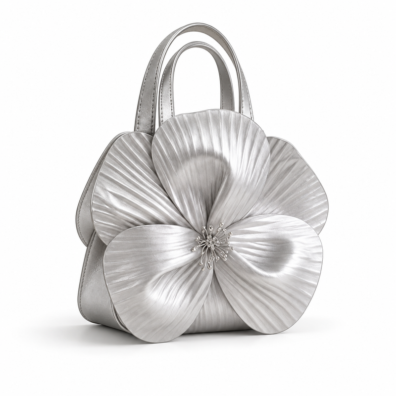 Silver Metallic Flower Sculpted Handle Clutch-1