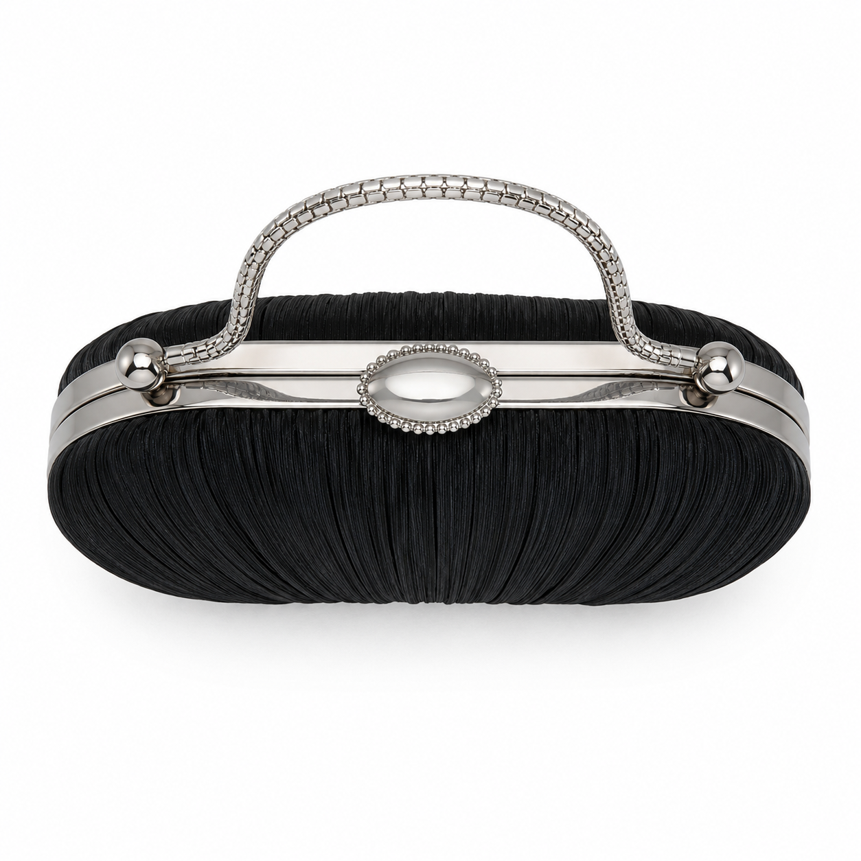 Black Pleated Evening Clutch Bag with Silver Handle-3