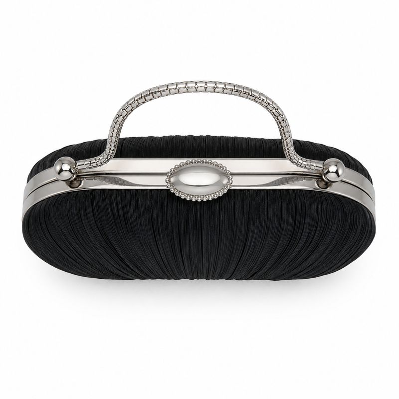 Black Pleated Evening Clutch Bag with Silver Handle-3