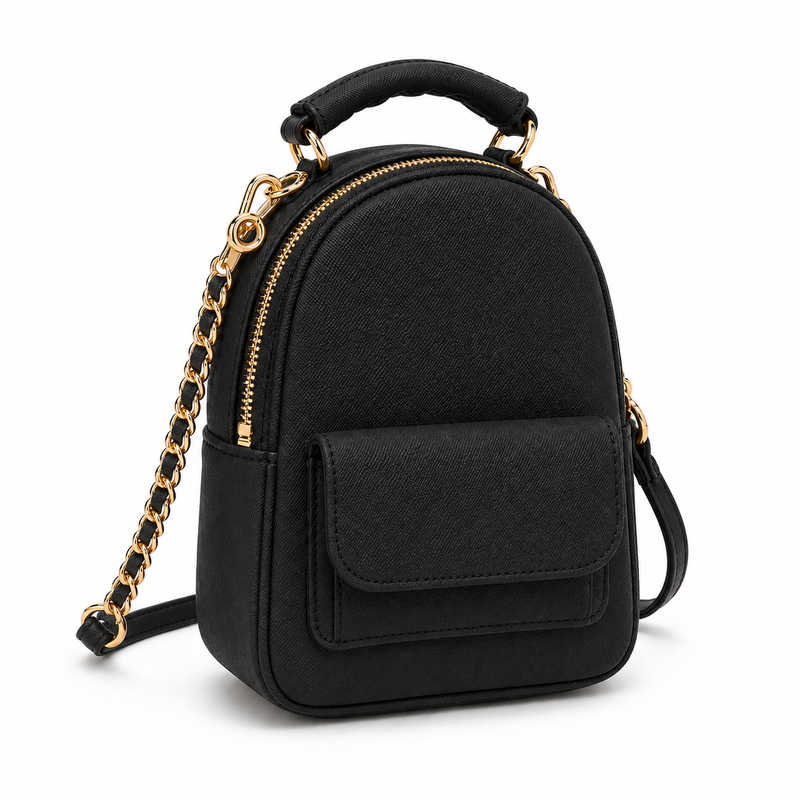 Women’s Black Mini Backpack Handbag with Gold Chain Strap-1