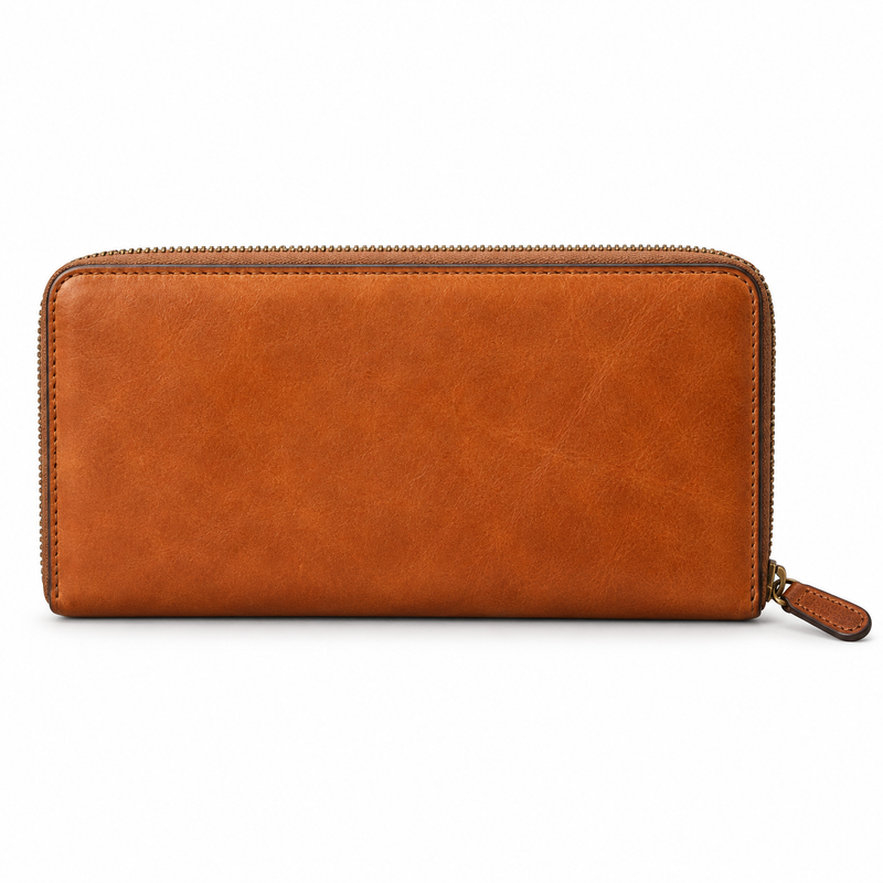 Cognac Tan Brown Leather Zipper Wallet-2