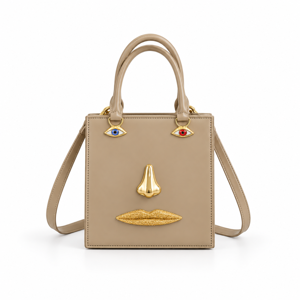 Khaki Sculptural Face Structured Tote Handbag-3