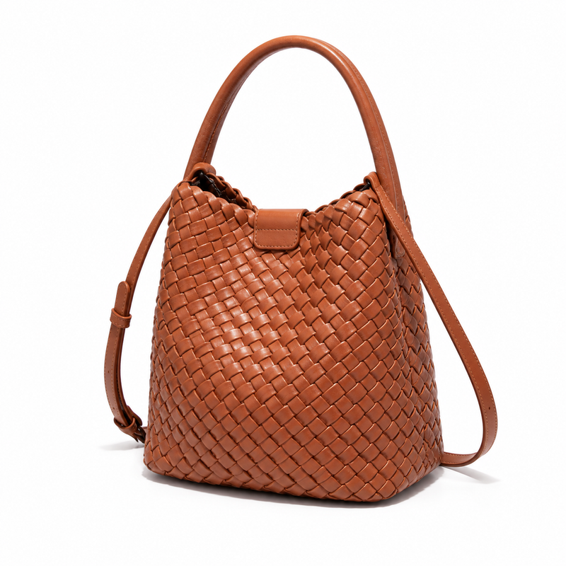 Elegant Brown Woven Bucket Shoulder Bag-3