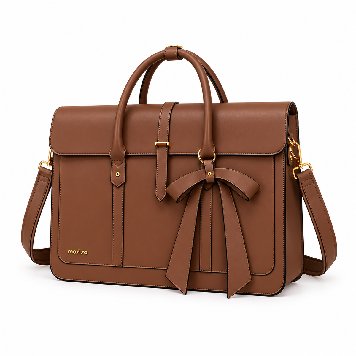 Brown Leather Laptop Bag With Bow-3