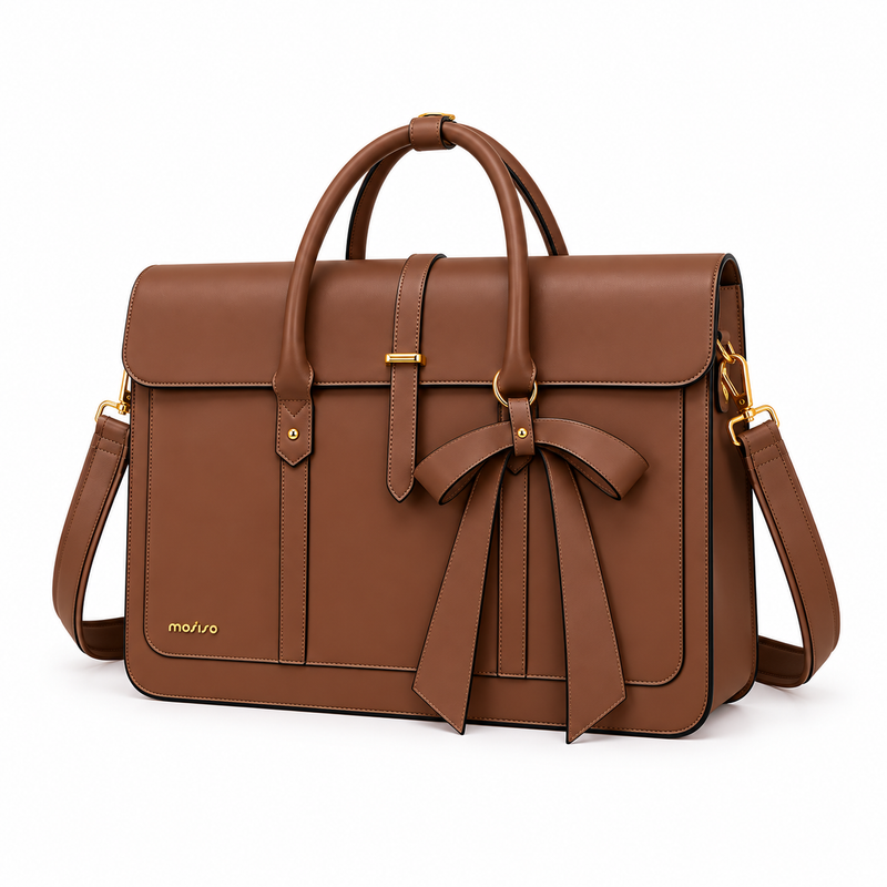 Brown Leather Laptop Bag With Bow-3