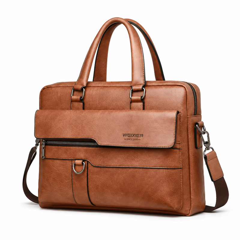 Classic Brown Leather Briefcase With Strap-3