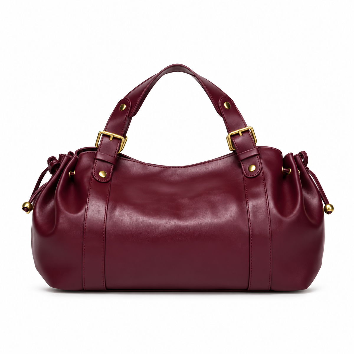 Burgundy Buckle Handle Drawstring Handbag-4