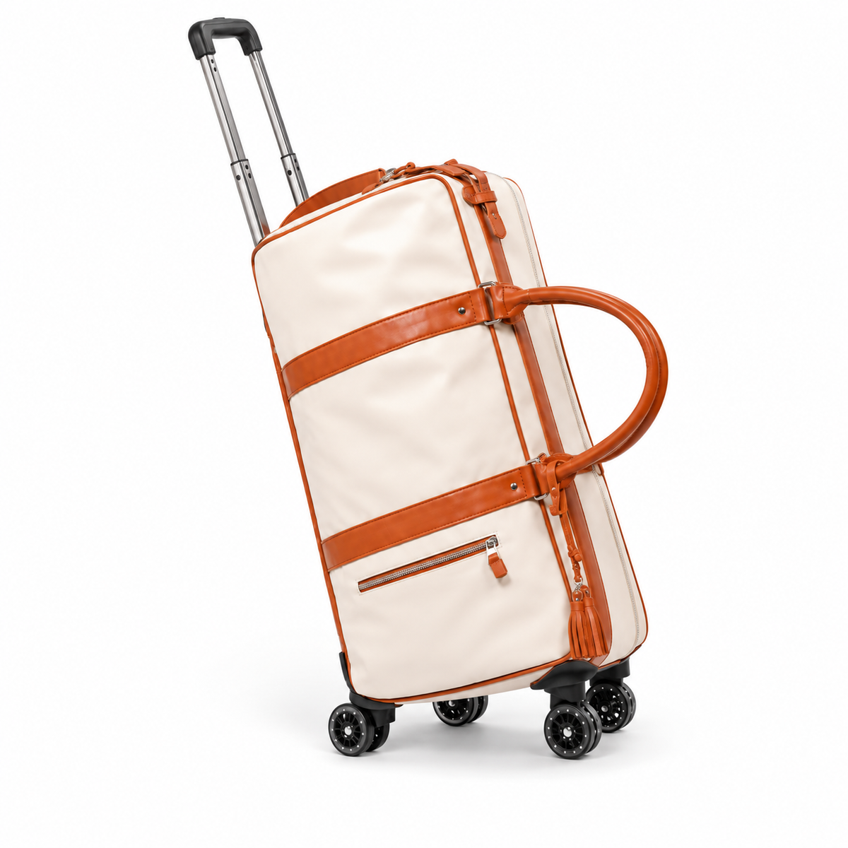 Cream Rolling Travel Bag Cognac Trim-4