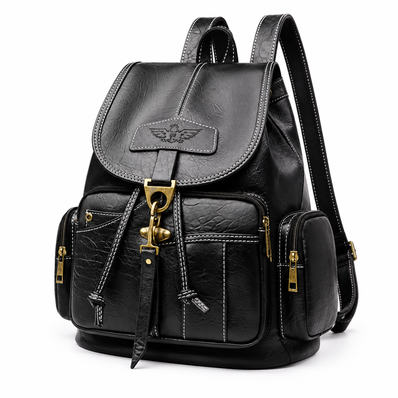 Black Vintage Backpack With Brass Details-3
