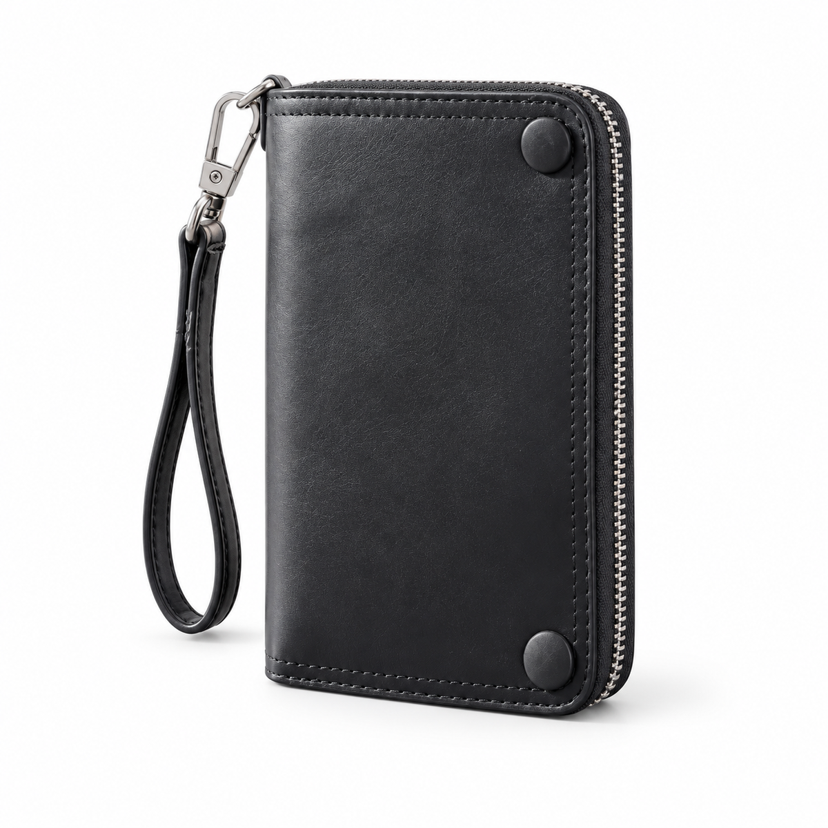 Black Leather Wristlet Wallet With Zipper-4