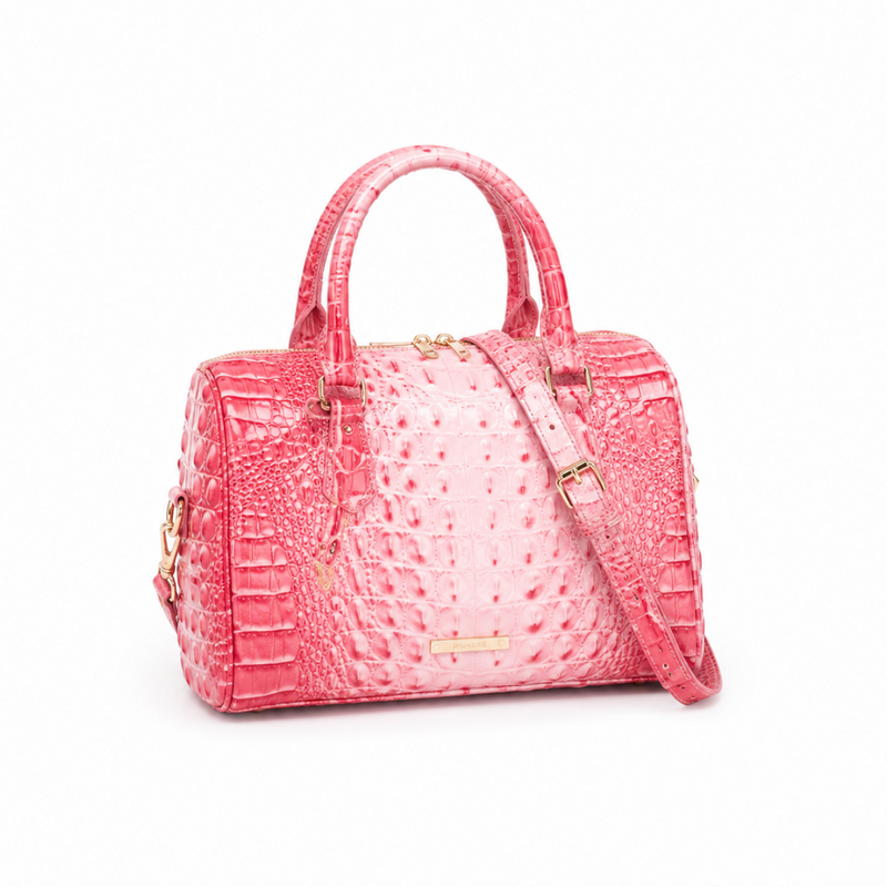 Glossy Pink Crocodile-Embossed Structured Satchel Handbag-1