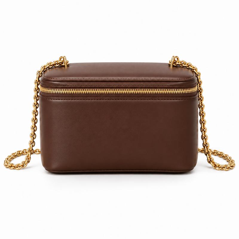 Chocolate Vegan Leather Chain Vanity Bag-2