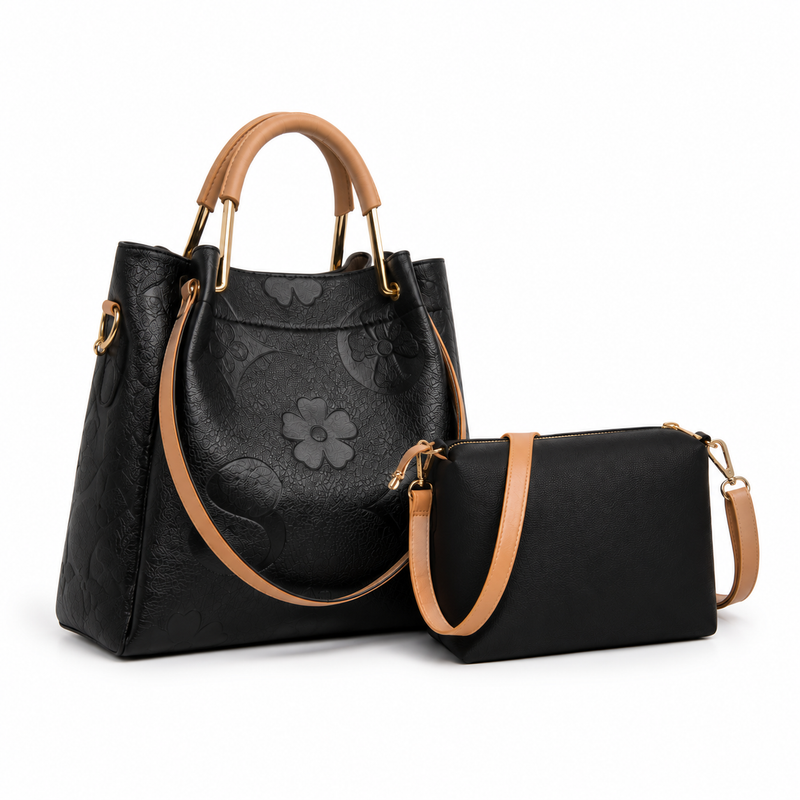 Black Embossed Tote Crossbody Handbag Set-1