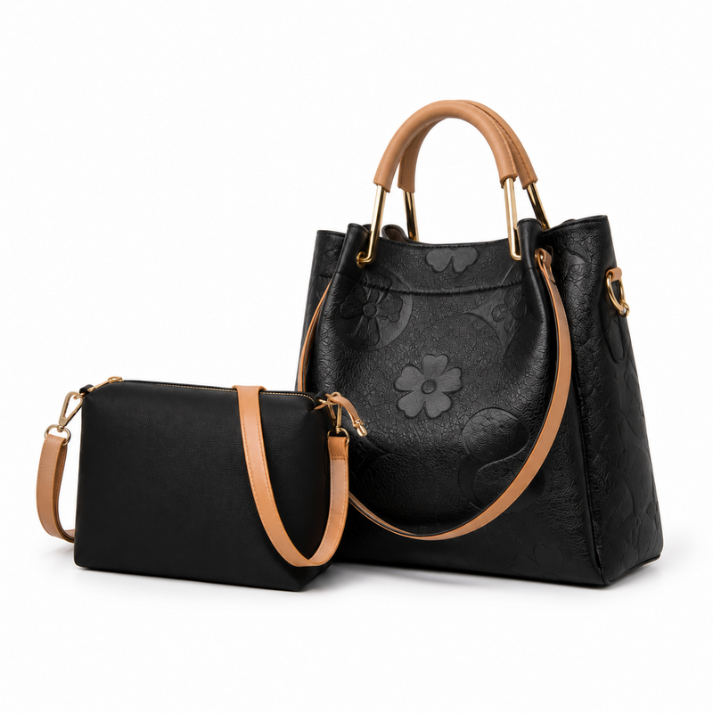 Black Embossed Tote Crossbody Handbag Set-8