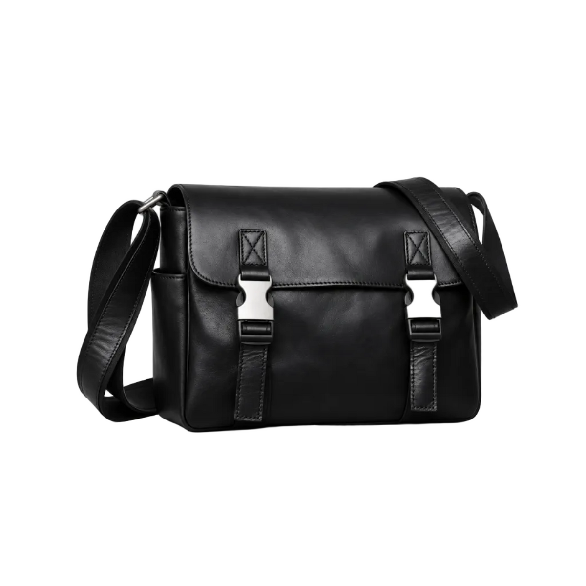 Black Leather Messenger Bag With Buckles-1