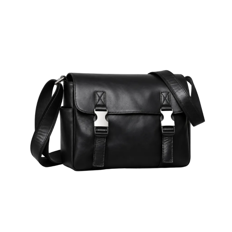Black Leather Messenger Bag With Buckles-1