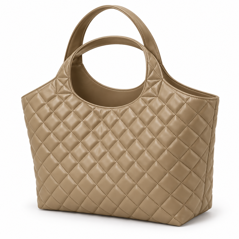 Khaki Quilted Vegan Leather Tote Bag-3