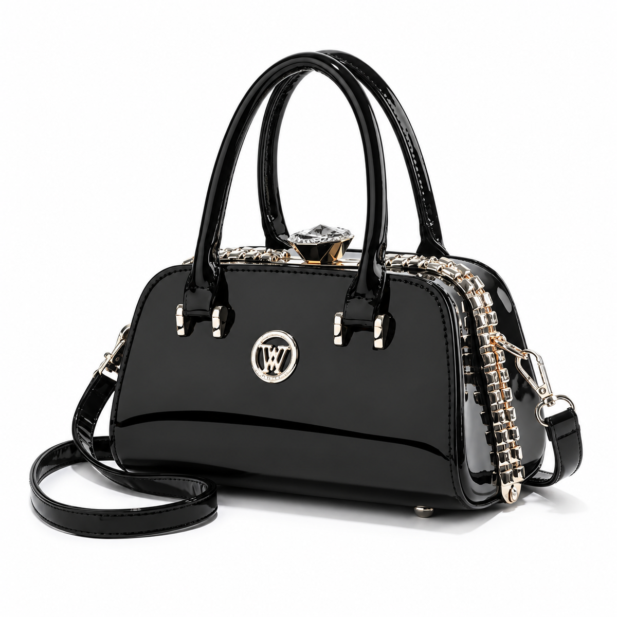 Elegant Black Glossy Handbag With Strap-3