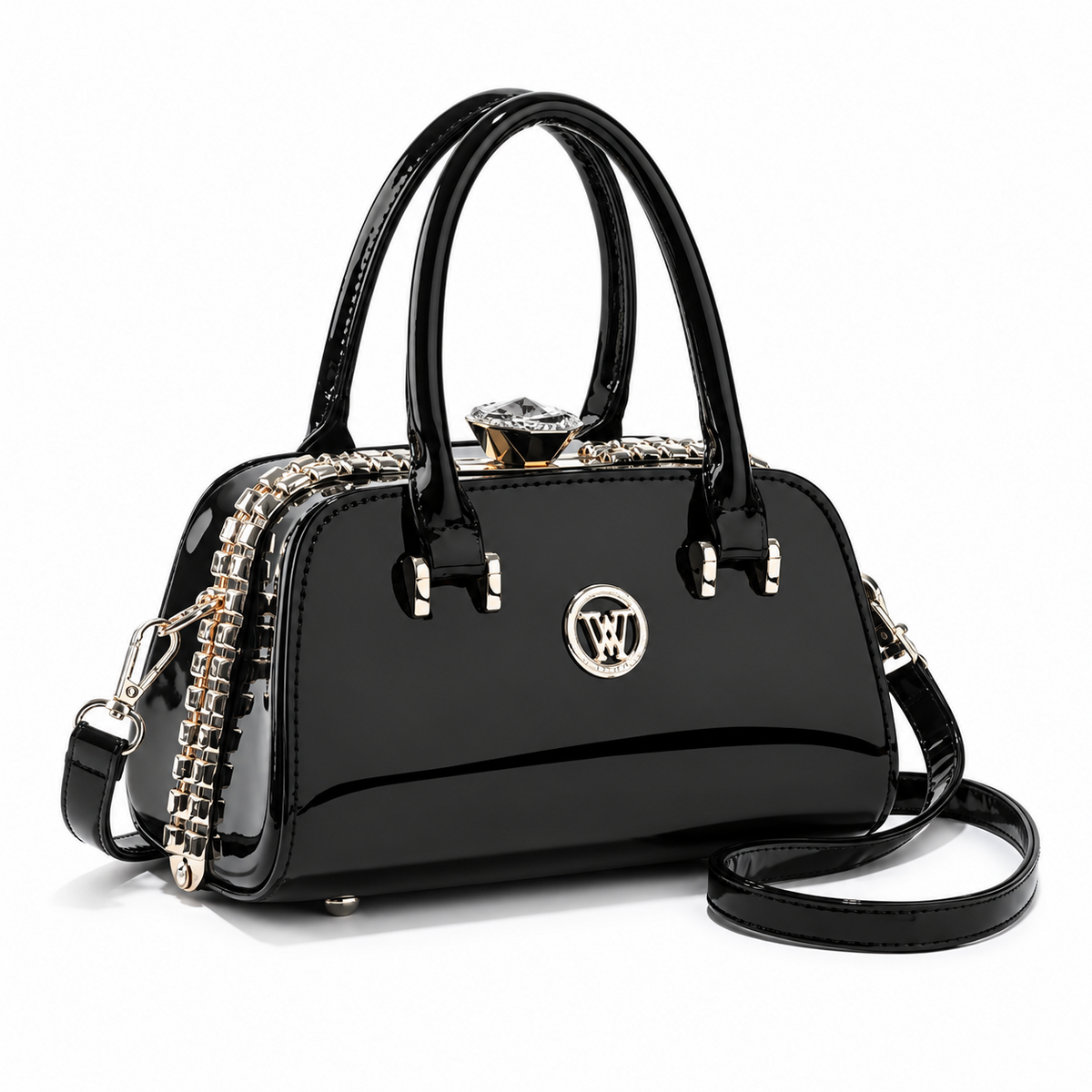 Elegant Black Glossy Handbag With Strap-1