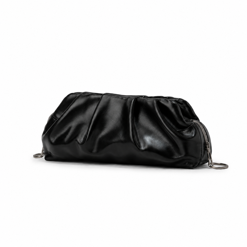 Black Ruched Leather-Style Clutch Bag-2