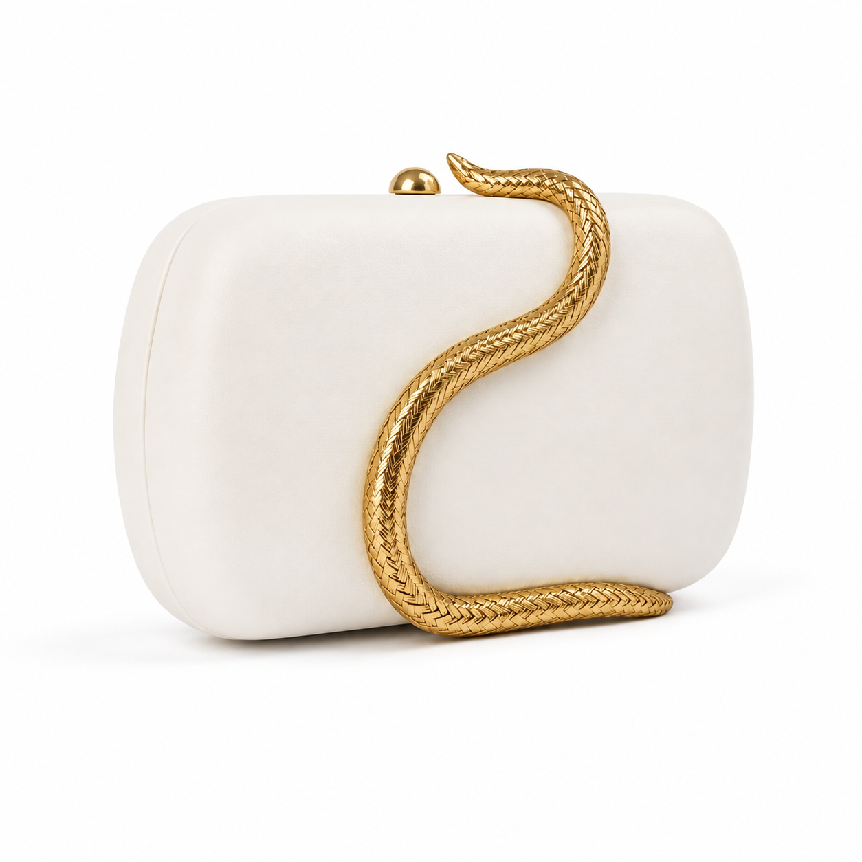 Elegant Ivory Hard-Shell Clutch Bag with Gold Snake Chain Detail-2
