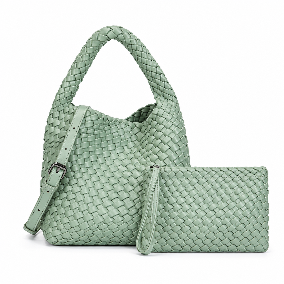 Sage Green Woven Shoulder Bag Set-3