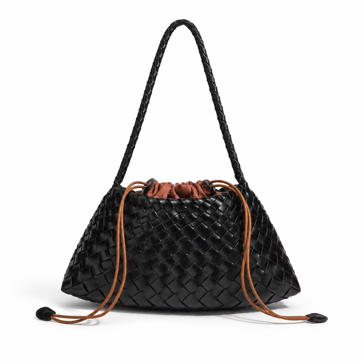 Elegant Black Woven Drawstring Shoulder Bag-3