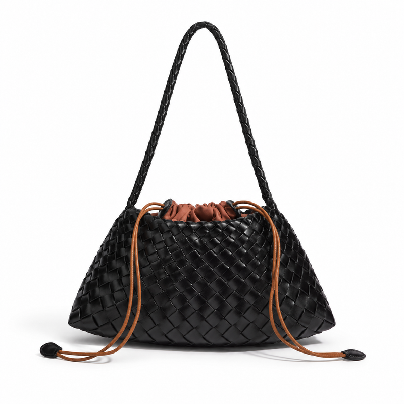 Elegant Black Woven Drawstring Shoulder Bag-3