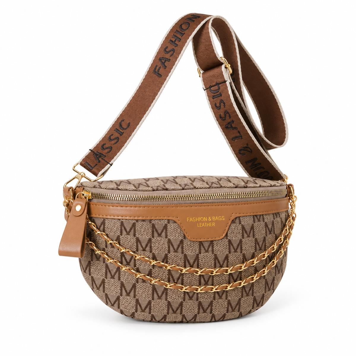 Brown Monogram Crossbody Bag With Chains-4